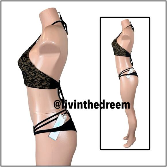 Beach Bunny Gunpowder and Lace High Neck bikini top L & Skimpy Bottoms M $289 - Picture 6 of 15